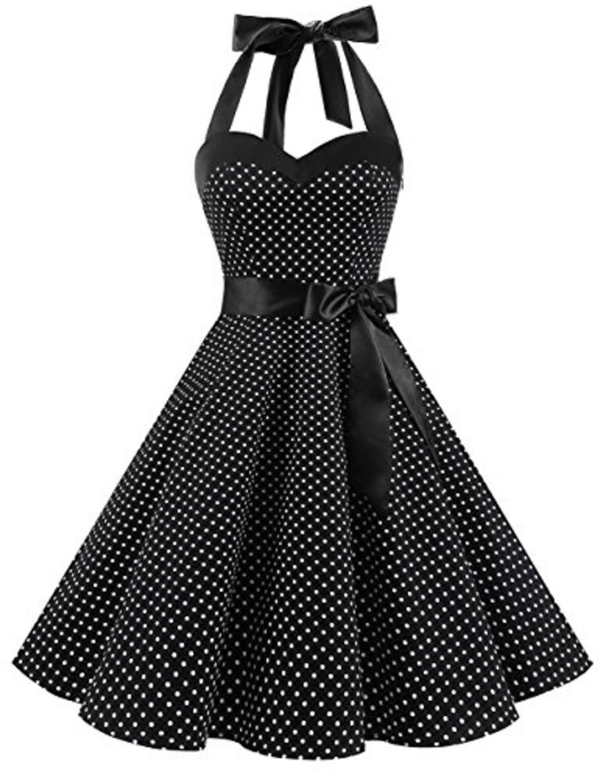 Moda Dresstells® Halter 50s Rockabilly Polka Dots Audrey Dress Retro Cocktail Dress Black Small White Dot L