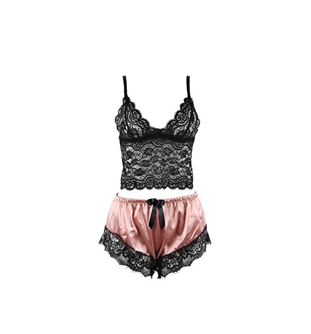 Social ohyeahlady Mujer Conjunto de Lencería Pijama 2 Piezas Top de Encaje con Pantalones Cortos de Seda