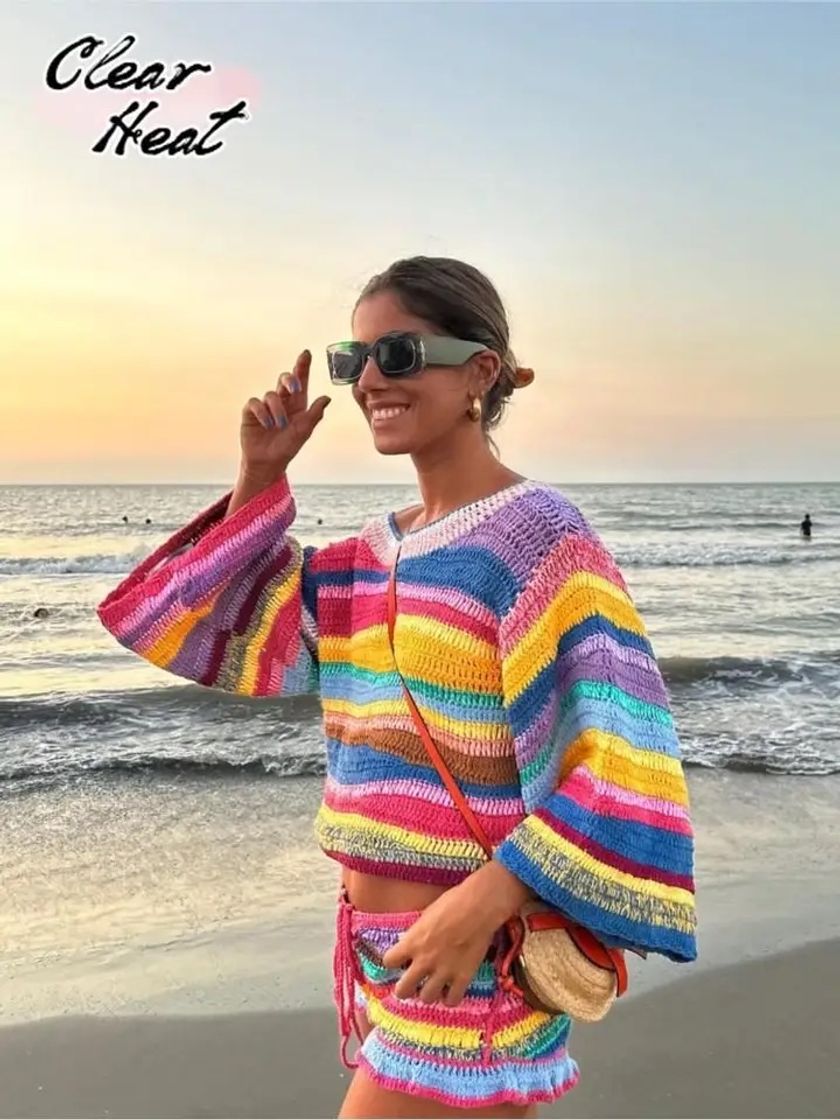 Social Conjuntos de dos piezas de punto a rayas de arcoíris para mujer