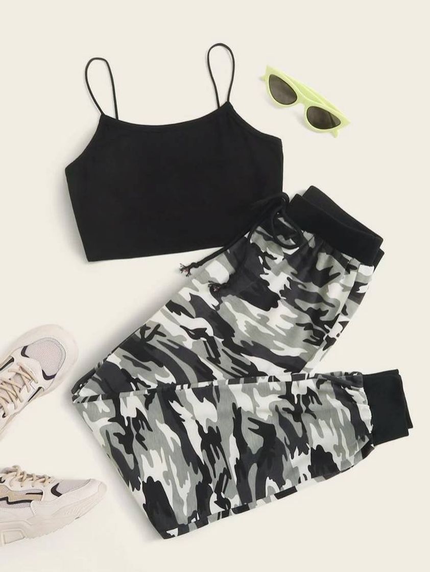 Fashion Solid Cami Top & Camo Sweatpants Set