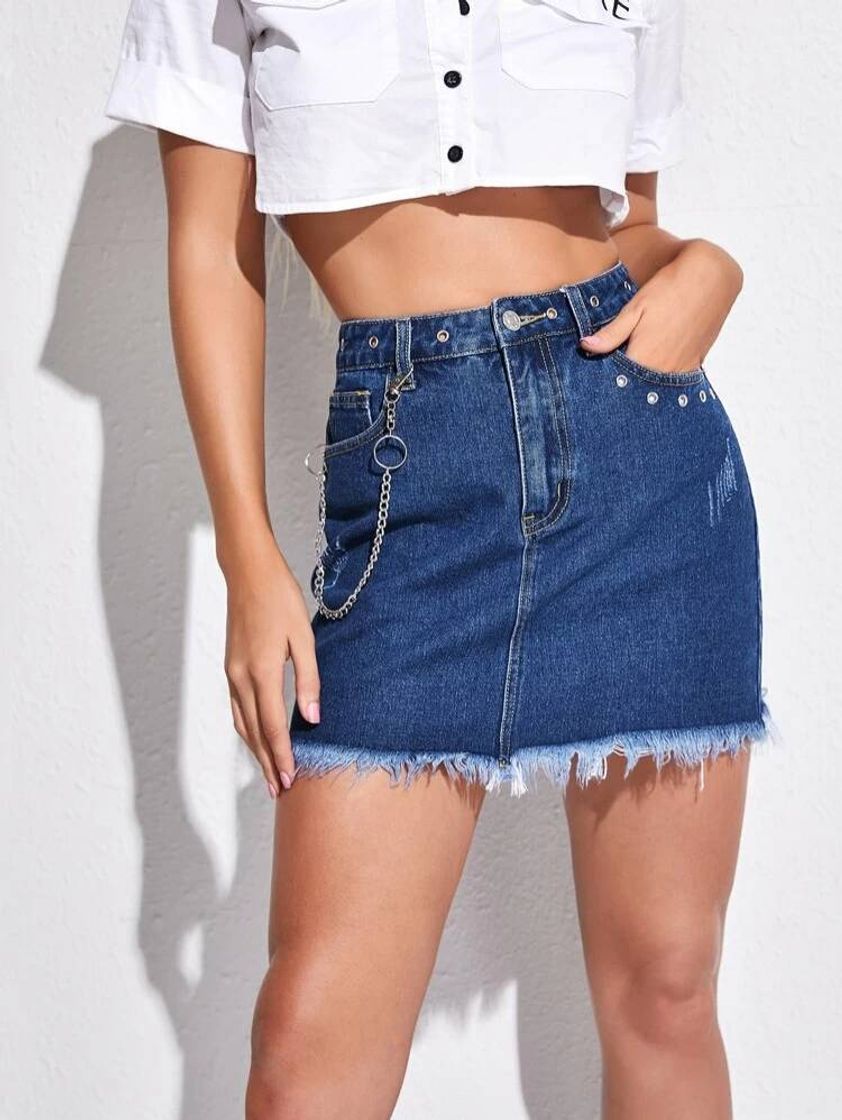Social Slant Pocket Raw Hem Denim Skirt