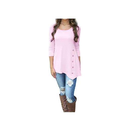 VJGOAL Mujeres de Moda Casual de Manga Larga botón Flojo Trim Blusa de Color sólido Sexy Grande Cuello Redondo túnica Camiseta