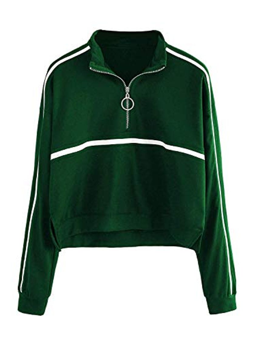 Fashion ROMWE Women's Zip Front High Neck Tape Striped Detail Crop Sweatshirt