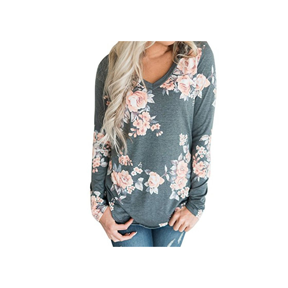 Social VJGOAL Mujeres Casual Fashion Loose v Cuello impresión Flor Top Blusa de Manga Larga Ladies Casual Tops Camiseta