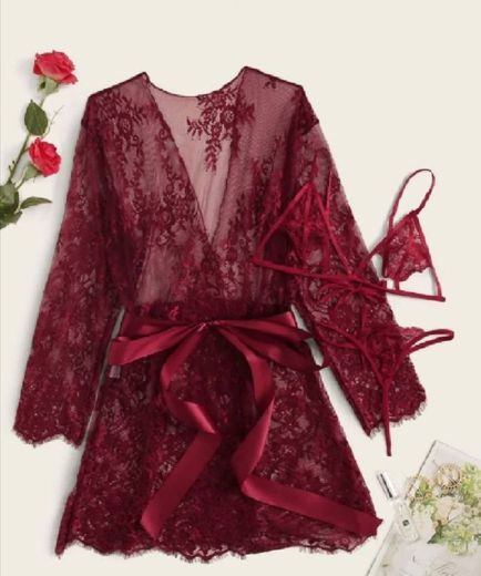 💠 3pack Floral Lace Lingerie Set & Belted Robe | SHEIN