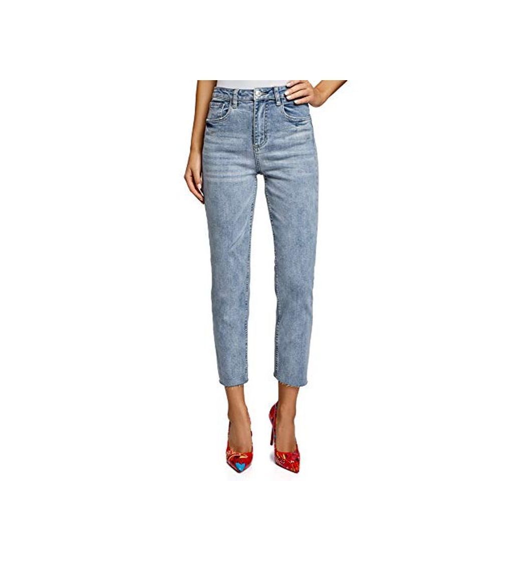 Social oodji Ultra Mujer Vaqueros Estilo Mom-Fit de Tiro Alto, Azul, 25W