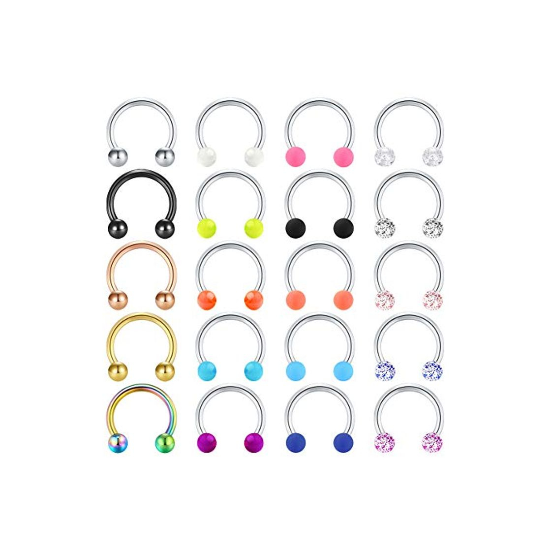 Moda 20 Piezas 16G Acero Inoxidable Joyería Septum Piercing Cartílago Helix Tragus Pendientes Nariz Labio Aros Anelli Herradura Retenedor para Mujer Hombre 10mm