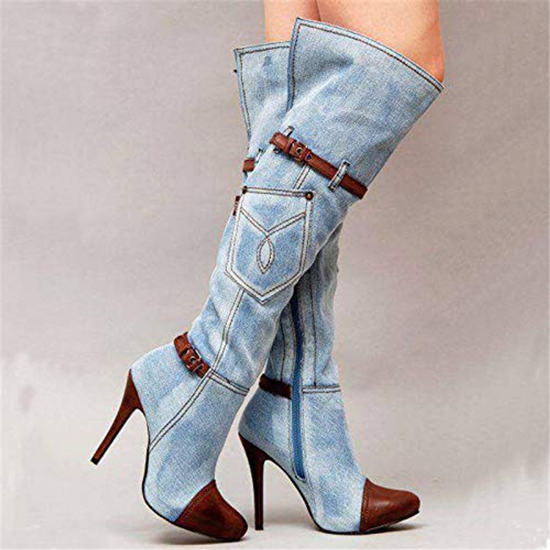 Moda DAIFUQIANG Stivali Da Donna In Denim Sopra Il Ginocchio Tacchi Alti Scarpe Da Donna Stivali Lunghi A Spillo Invernali