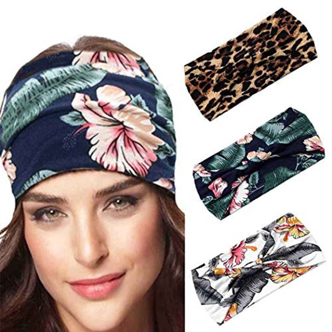 Moda Fashband Boho Fasce per capelli Stampa floreale ampia Copricapo Fascia per capelli Fasce per la moda Accessori per capelli Running Yoga Fitness Hippie Head Wrap Turbante boemo per donne e ragazze 3 PC