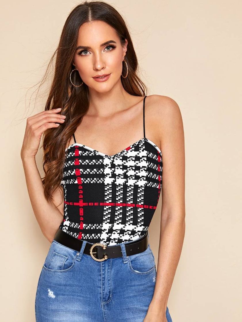 Fashion Top de tirante de cuadros de cuello sweetheart