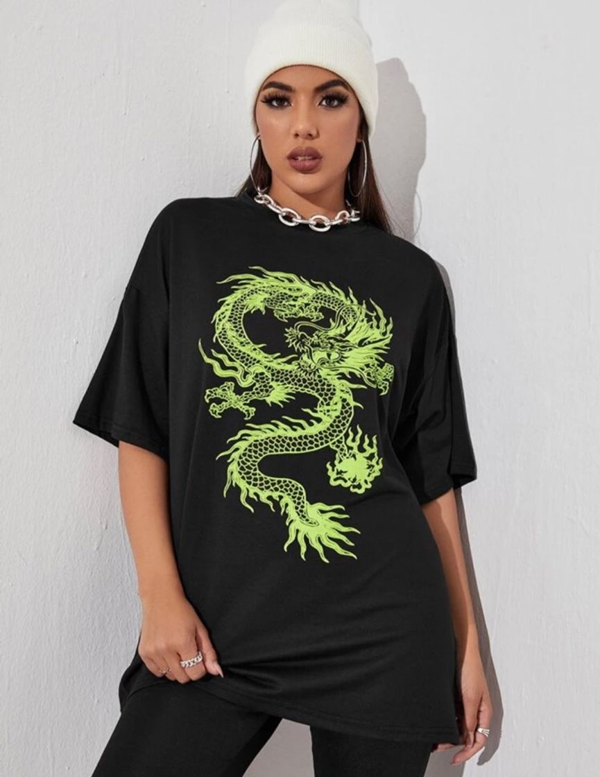 Fashion Camiseta preta Dragão Chinês 