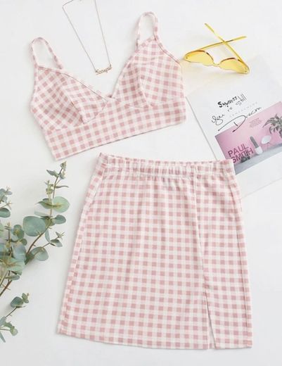 Conjunto Saia e Cropped Xadrez Rosa Empoeirado 