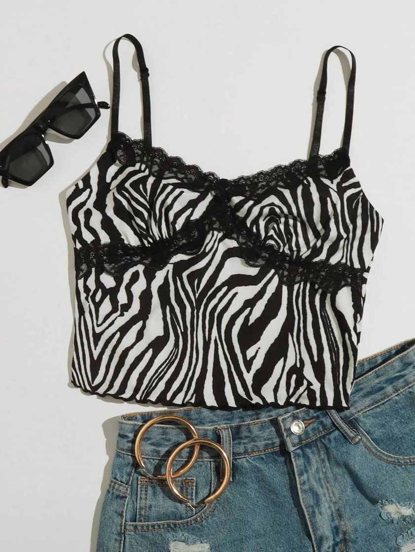 Moda Top listrado de zebra com acabamento em renda