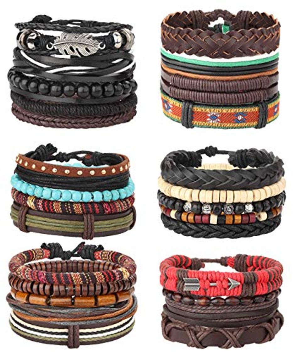 Product Milacolato 26 Piezas Tejidas Pulsera de Cuero Trenzado para Hombres Mujeres Cordones de Cáñamo Cuentas de Madera Brazaletes de Puño Ajustable