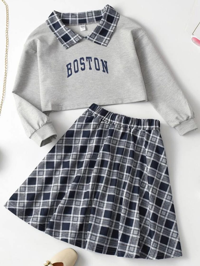 Social Colarinho Contraste Carta Manta Formal Outfit De Duas Peças Para Menina