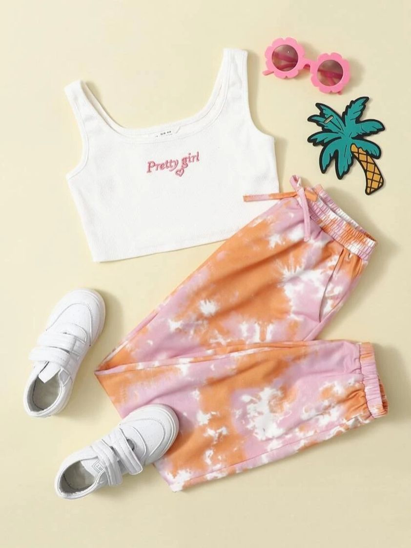 Social SHEIN Conjunto Tank Top Con Bordado De Letra Con Pantalones De Tie Dye