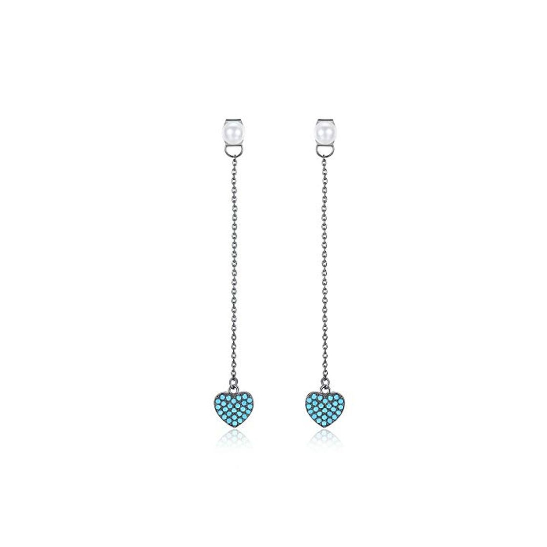 Fashion ZHWM Aretes Pendientes De clip Aros Elegantes Aretes De Gota De Imitación De Perlas De Doble Lado Brincos Negro Cadena Larga con Joyería De Piedra Azul Corazón Colgante