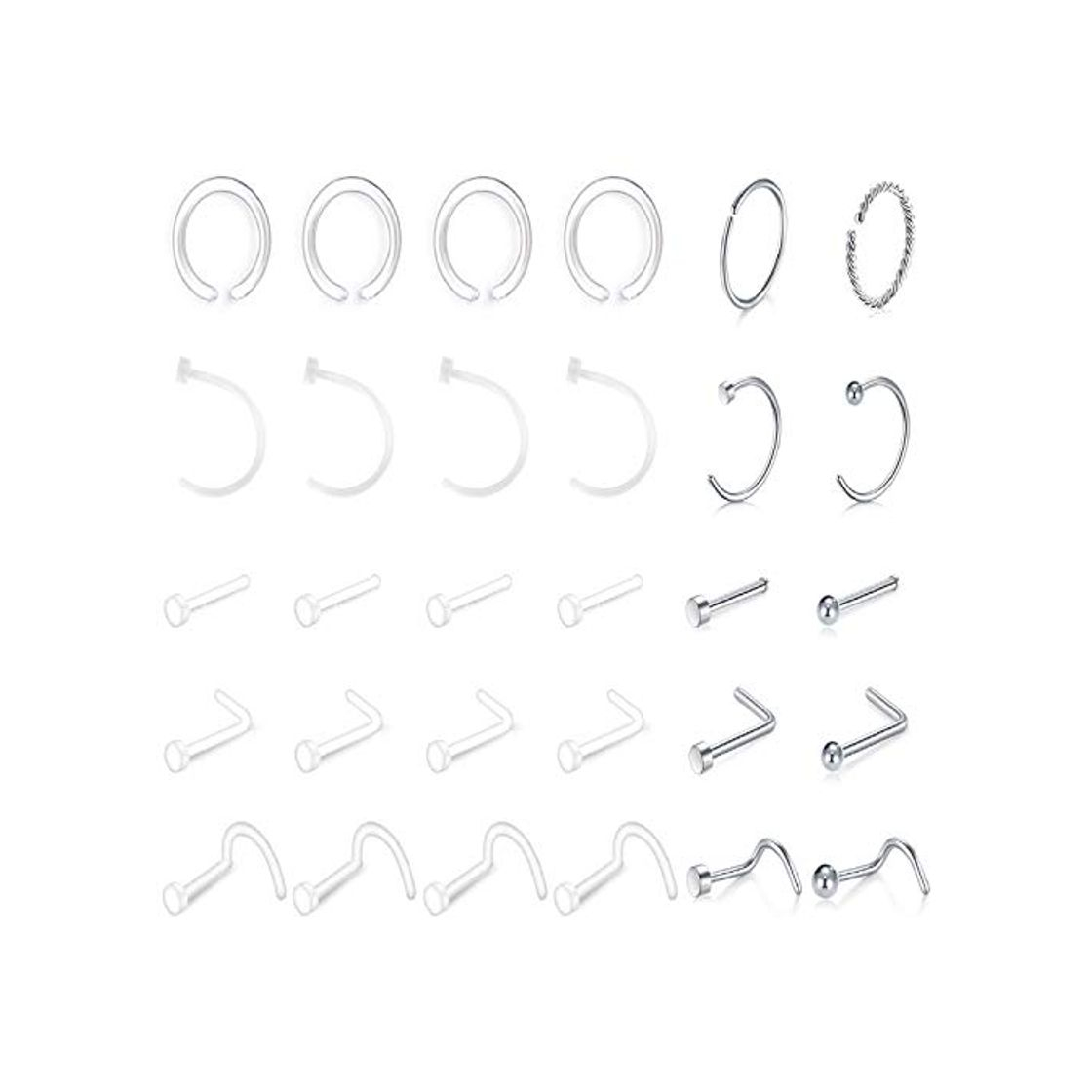 Moda LAURITAMI 30pcs Piercing Nariz Retenedor Transparente 20G Bioflex Acrilico Perno Nostril Barra Aros Fino Pequeño Set Pack Joyas