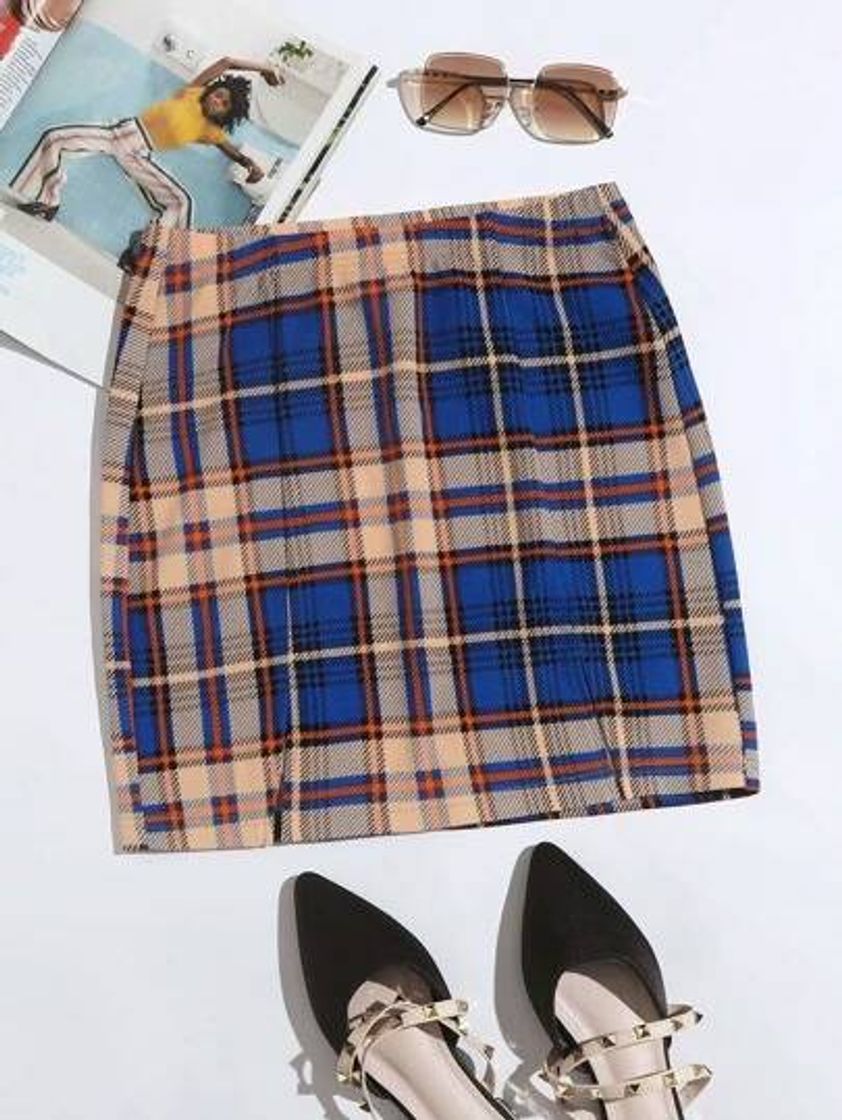 Moda Split Hem Plaid Skirt - Saia