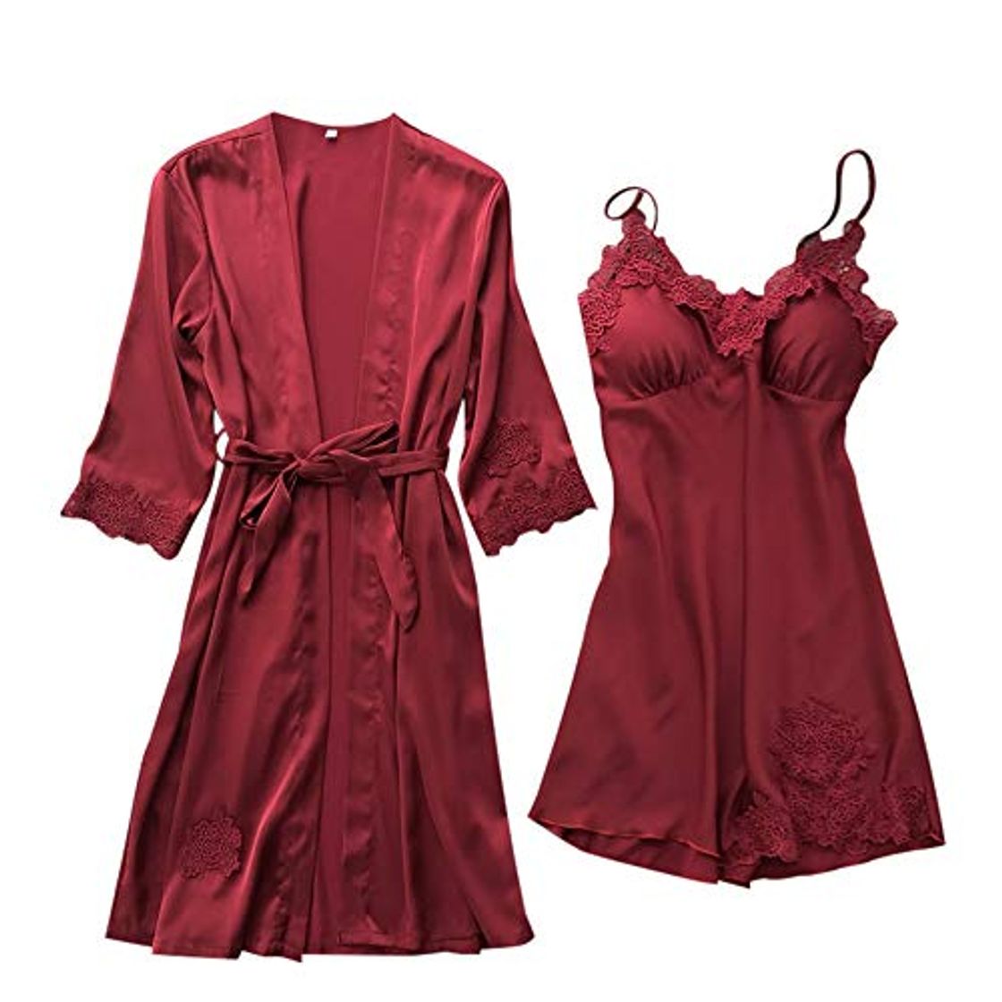 Moda Proumy Pijama Verano de Talla Grande Mujer Kimono Burdeo Seda con Camisola Conjunto Bata Sexy Vestido de Cama Dos Pieza Ropa de Dormir con Manga de Encaje Floral Sólido Traje de Noche con Cinturón