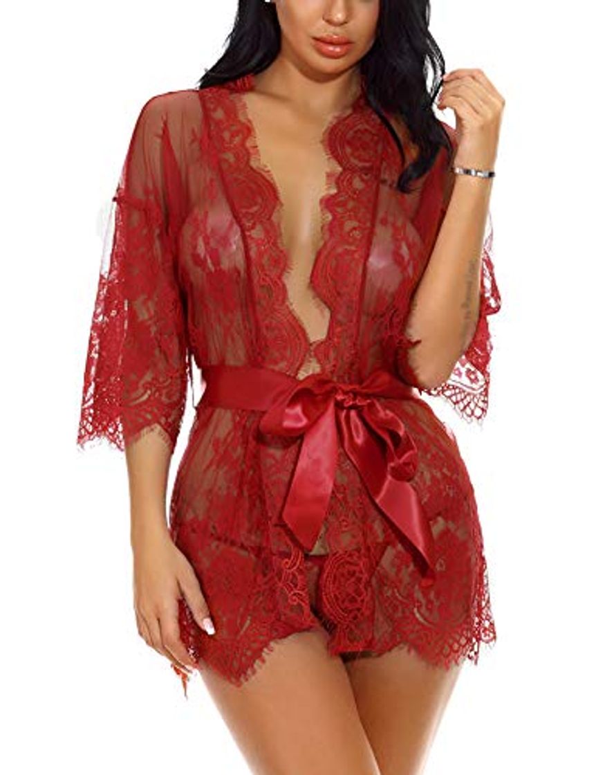 Moda Sykooria Conjunto de Lencería Sexy Bata de Encaje Babydoll Kimono Ropa de Dormir Escote en V Profundo Camisón Camisón Ropa de Dormir Suave