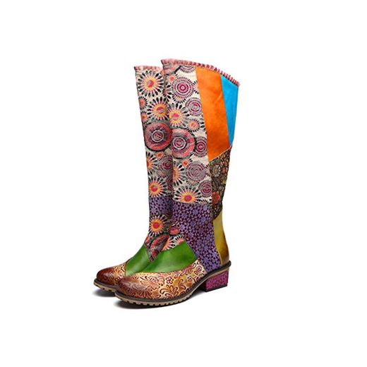 gracosy Botas de Cuero para Mujer Otoño e Invierno Calientes Estilo Nacional Bohemio Patrón de Flores Botas de Equitación Hecho a Mano Moda Moto Tacon Largas Planas