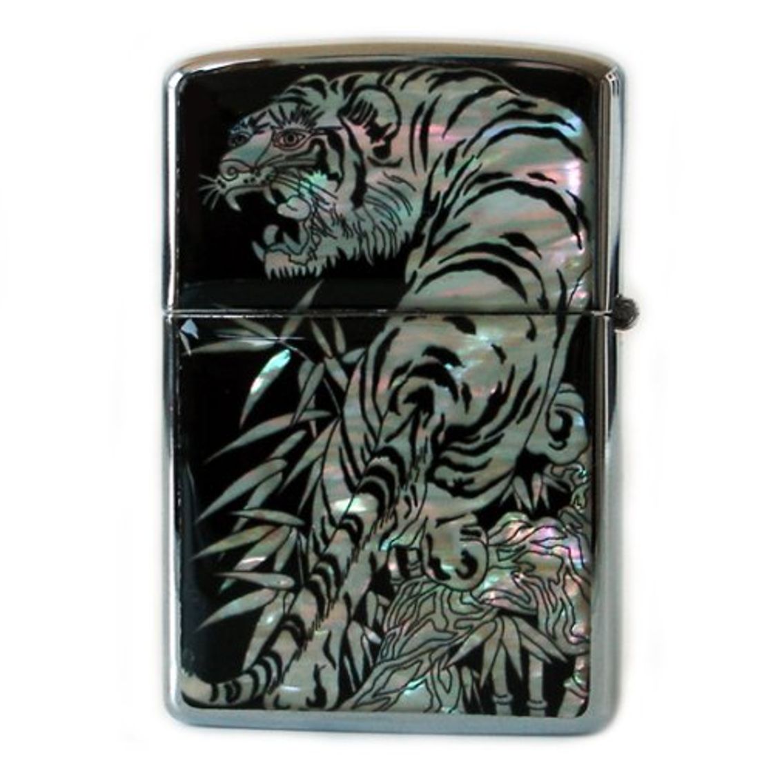 Social Mechero con Madreperla Hecho a Mano Estilo Encendedor Zippo Negro de Bolsillo para Tabaco y Camping con Diseño de Tigre y Bosque de Bambú
