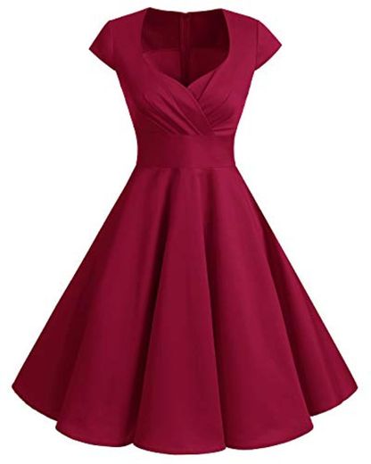 Bbonlinedress Vestido Corto Mujer Retro A?os 50 Vintage Escote En Pico Dark Red 3XL