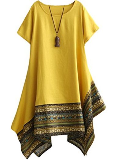 Vogstyle Mujeres De Verano De Algodón De Lino Vestido De Camiseta De Manga Corta LH000 Amarillo L