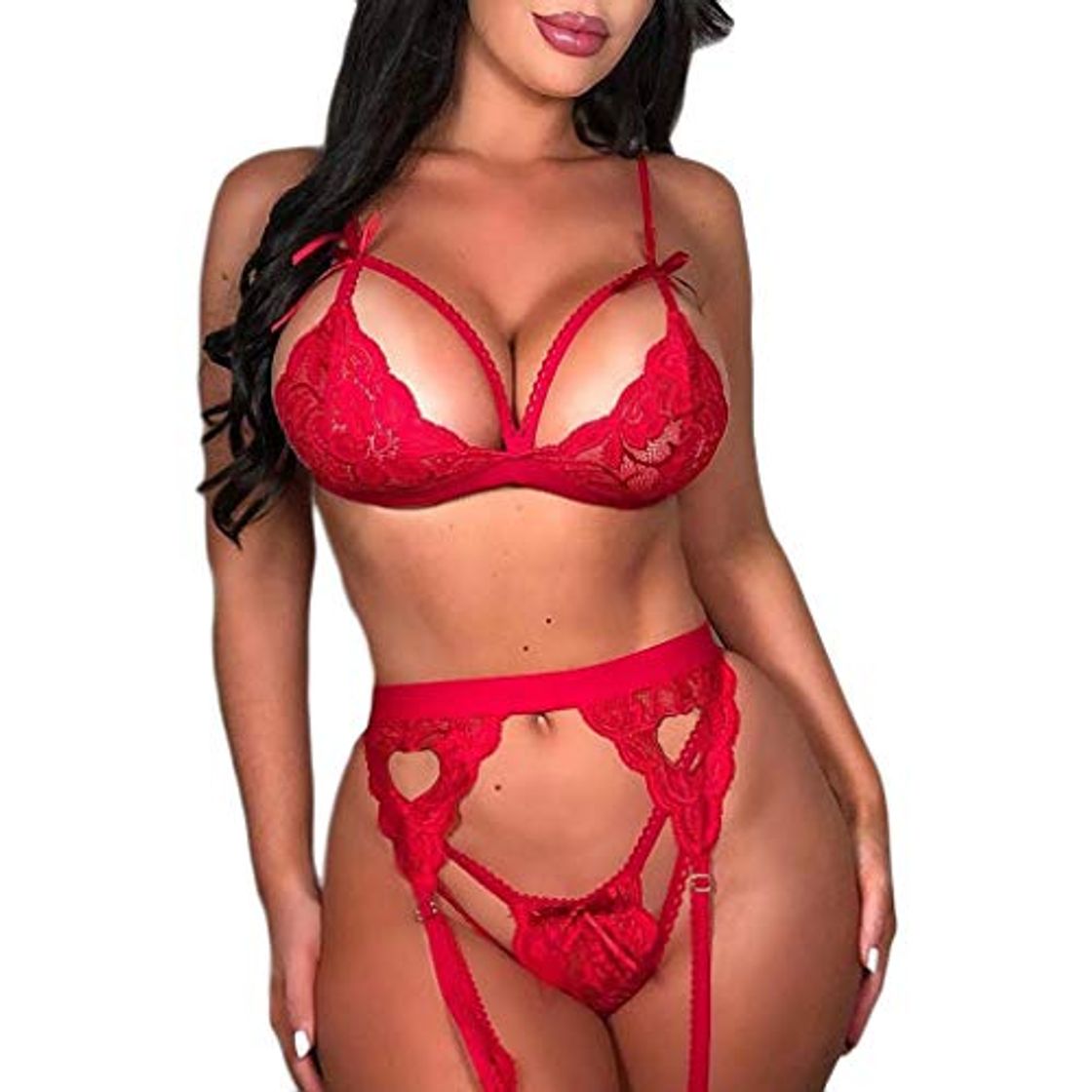 Fashion QinMMROPA Conjuntos de Lenceria eróticas Mujer Ropa Interior Sujetador y Tanga y Ligueros Picardias Sexy Lenceria Abierta Mujer Transparente Lenceria Erotic Ropa Dormir Rojo XXL