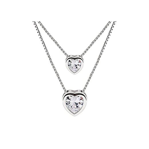 B.Catcher Mujer Collar Colgante Plata de Ley 925 con Doble corazón con