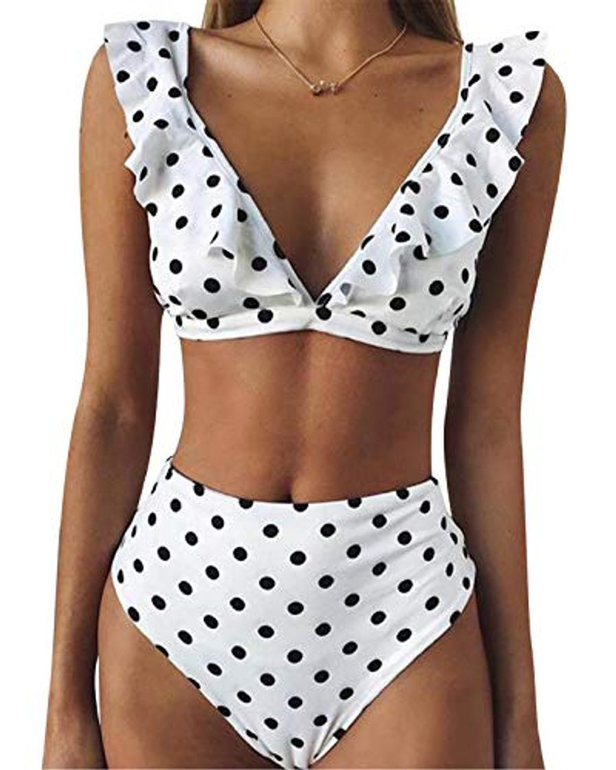 Moda heekpek High Waisted Sexy Bikini Ruffle Cuello en V Conjunto de Bikini Puntos de Ola Traje de Baño Mujer Bañadores de Dos Piezas