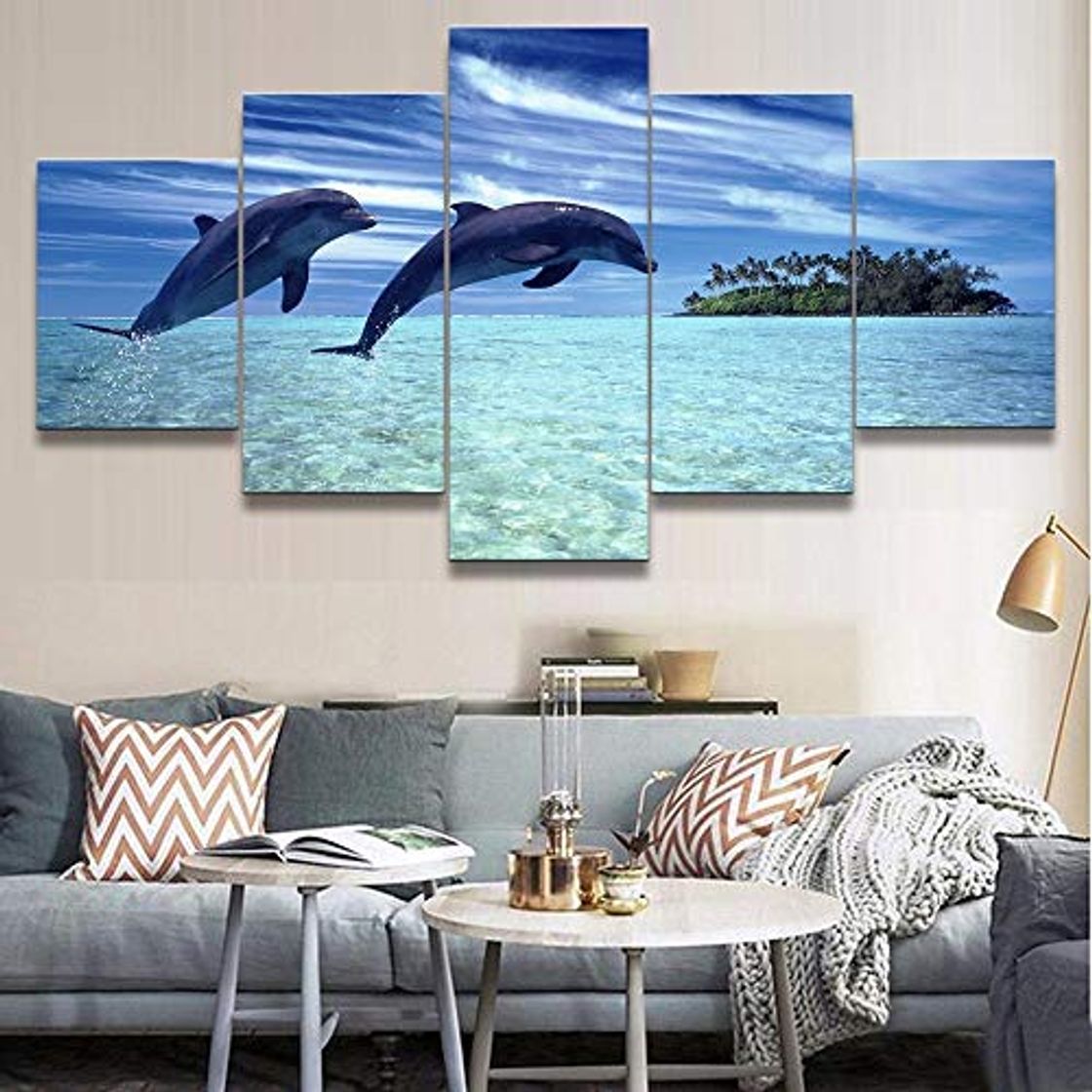 Producto UDPBH Arte de la Pared Lienzo HD Imprimir Cartel Sala de Estar Decoración del hogar 5 Piezas Hermosa Pintura del océano Animal Dolphin Picture