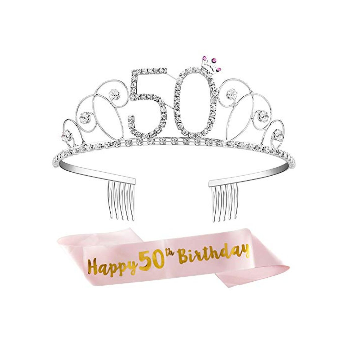 Producto ZWOOS Tiara Cristal Diadema Corona Cumpleaños Corona Princesa Decoracion fiesta Feliz Cumpleaños de Número 50 con Satin Sash