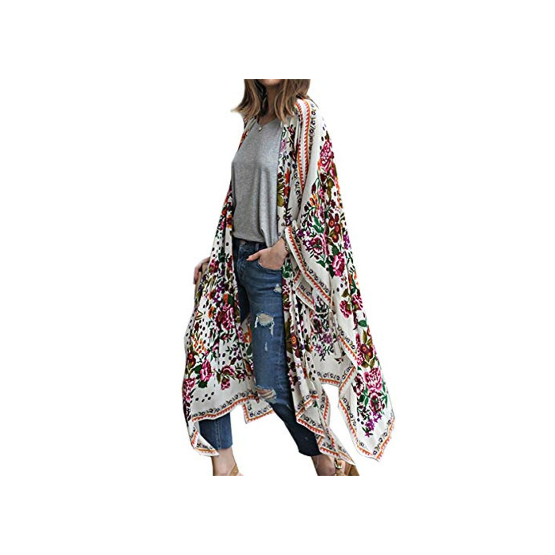 Social Mujeres Kimono largo floral cárdigans – gasa larga playa bikini cubierta hasta arriba estampado boho cárdigan frente abierto suelto chal blusa verano para mujer blanco A S