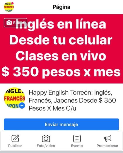 Inglés en línea $18 dólares x mes. ($350 pesos mxn)