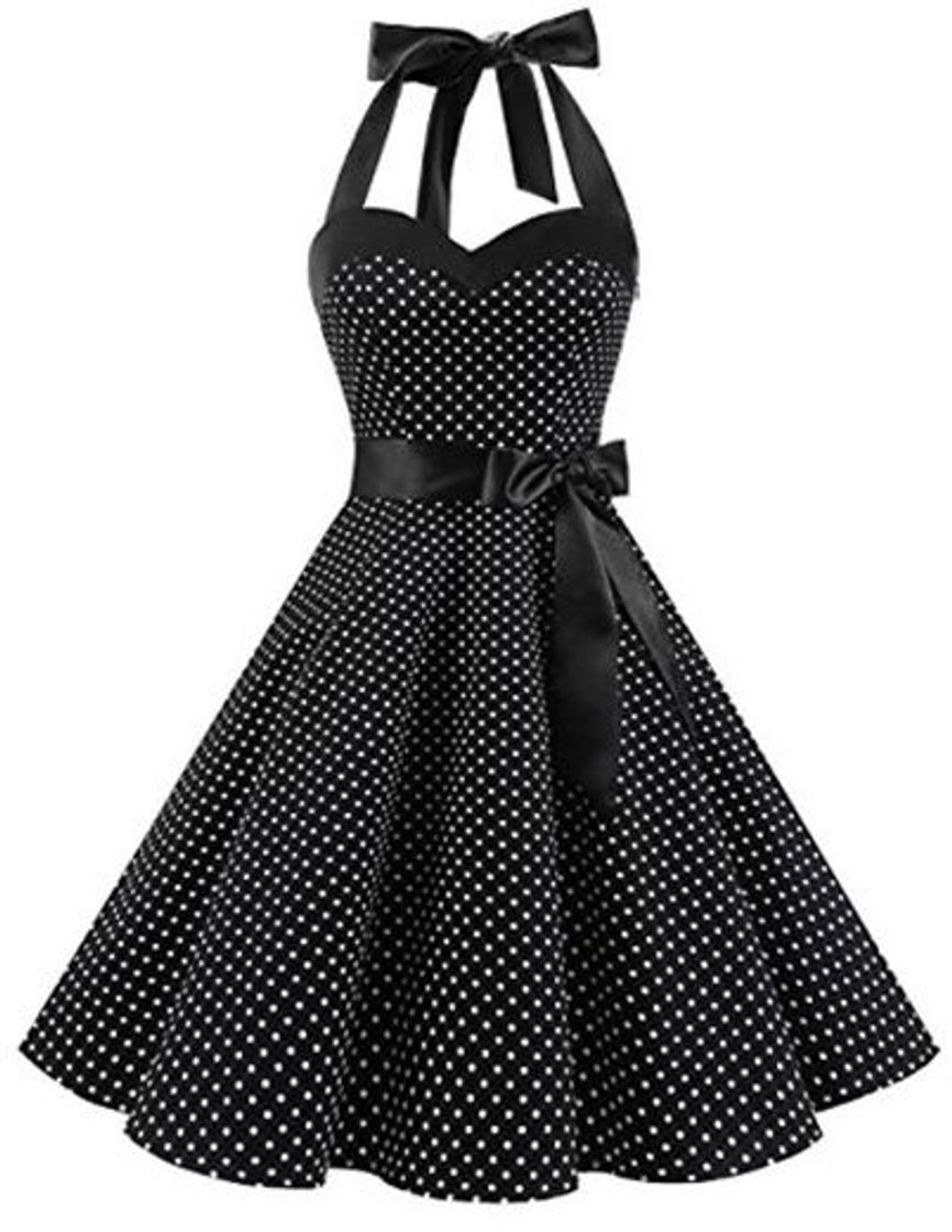 Moda Dresstells® Halter 50s Rockabilly Polka Dots Audrey Dress Retro Cocktail Dress Black Small White Dot XL