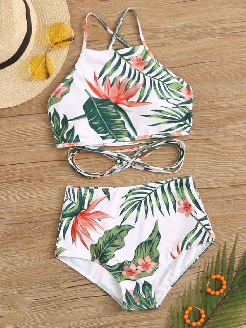 Moda Bikini de cintura alta top tropical con tiras cruzadas