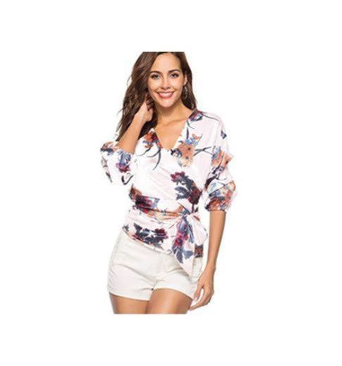 Camisa Camisa de Blusa Casual Mujeres con Cuello en v Roupas Feminina