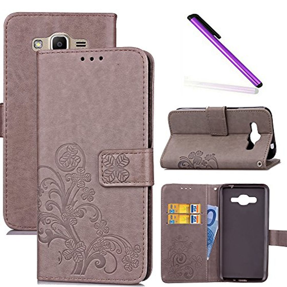 COTDINFOR Galaxy J2 Prime Funda trébol Cierre Magnético Billetera con Tapa para Tarjetas de Cárcasa Elegante Retro Suave PU Caso Protectora Case para Samsung Galaxy J2 Prime Clover Gray SD