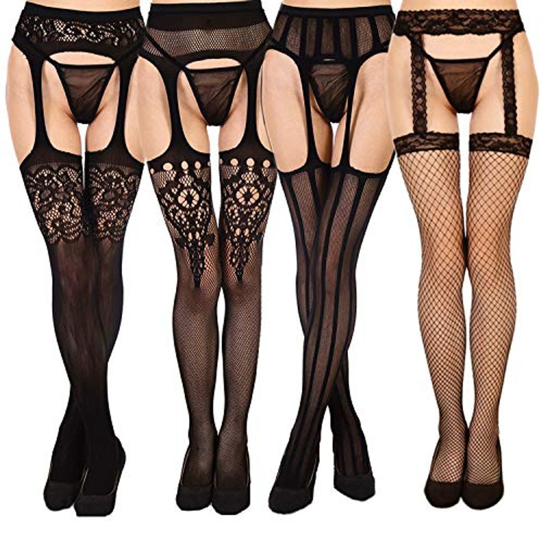 Justay 4pcs Medias Mujer de Liga de Encaje Lencería Liguero Rejilla Elástica Muslo