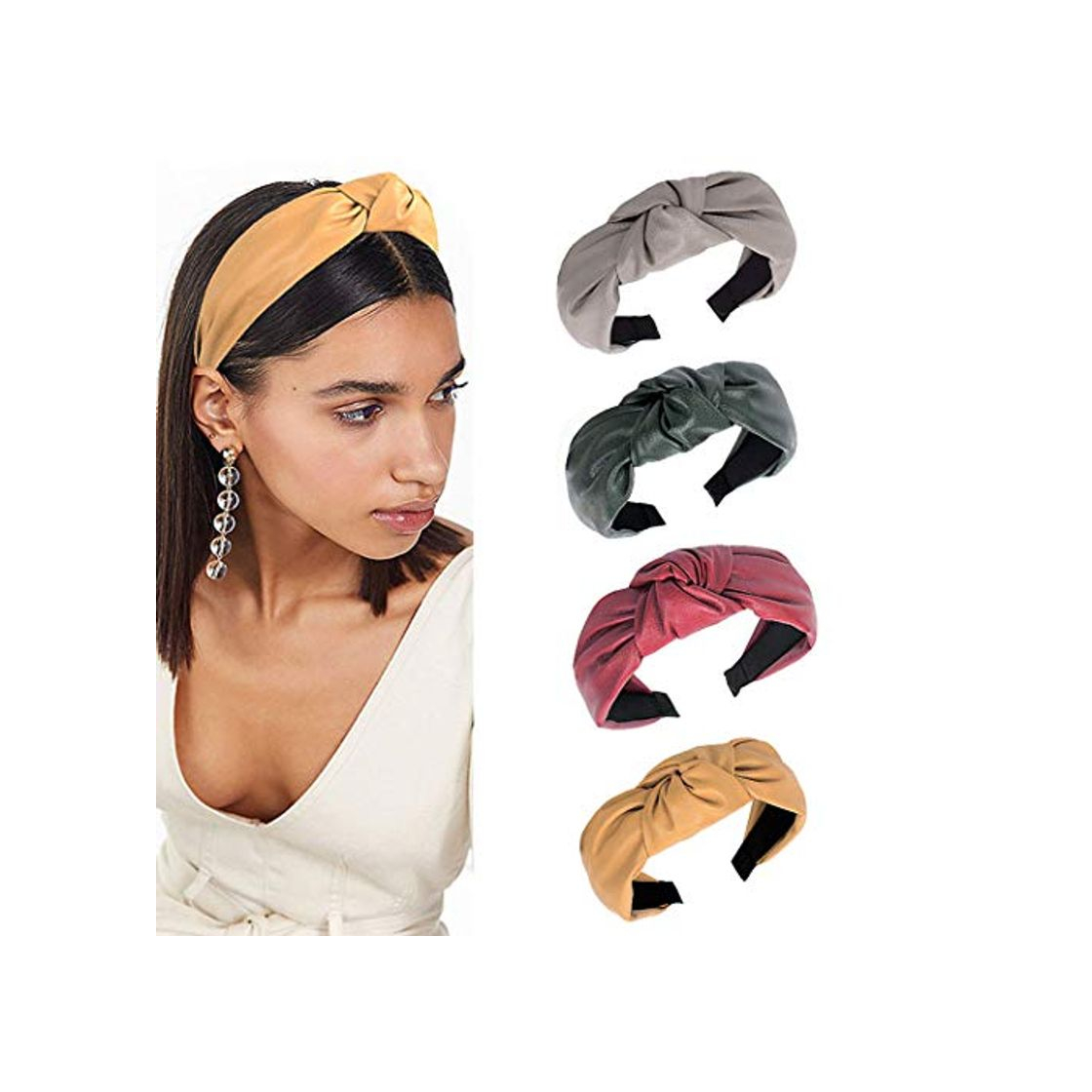 Moda Sethexy Anudado Venda Criss Cross Cuero Aros de pelo 4 piezas Color puro Elástico Envoltura de la cabeza Durable Pasador Elegante Banda para el cabello Banda para la cabeza para mujeres y niñas