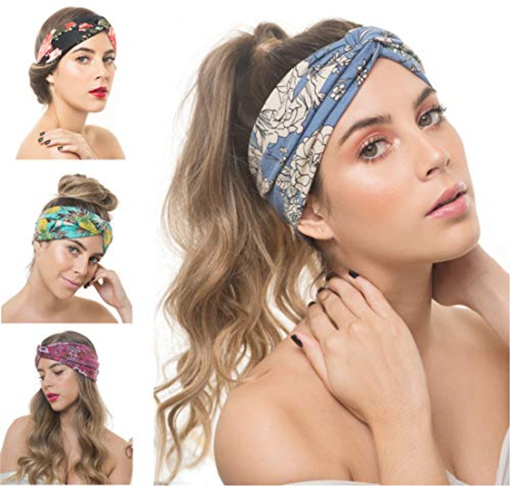 Producto Osattia 4 Piezas Boho Diademas Cruzadas Con Nudos Para Mujer Turbante Bohemia Elástica De Estampado De Flores Cinta Para El Pelo