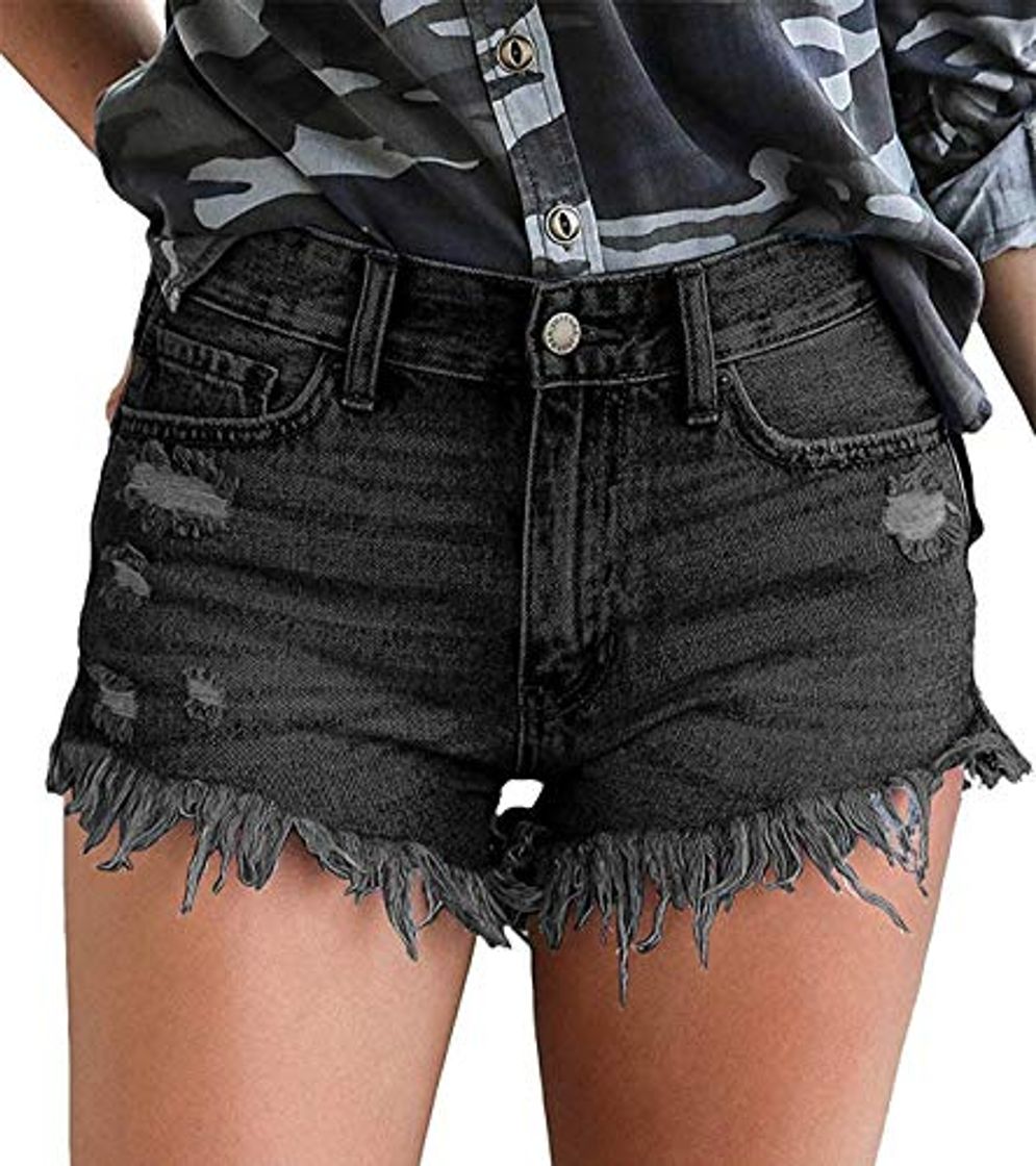 KISSMODA pantalones cortos de jean ajustados con cintura alta y dobladillo crudo,