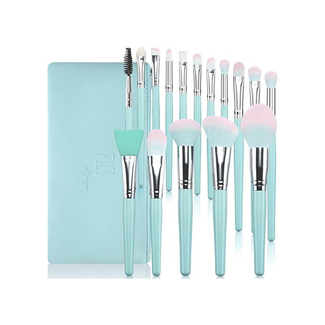 Social Brochas de maquillaje DUAIU 16 piezas Set de pinceles de maquillaje sintético premium Mango de madera azul para correctores de base Blush Kits de maquillaje profesional con bolsa de cosméticos
