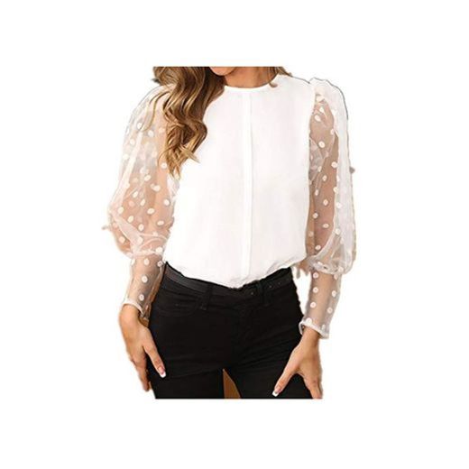 Blusa de Malla para Mujer Blusas con Manga de Linterna Sexy Camisas con Cuello Redondo con Estampado de Lunares