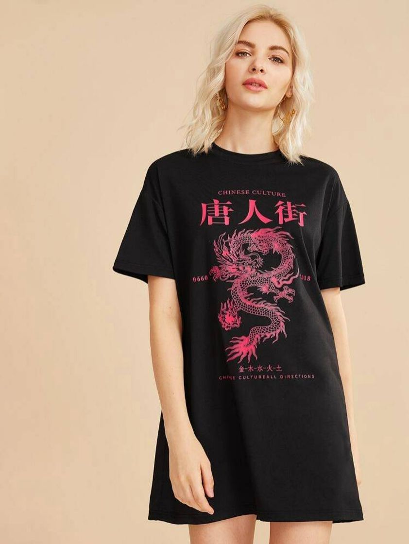 Social Chinese Letter & Dragon Graphic Mini T-Shirt Dress | SHEIN USA