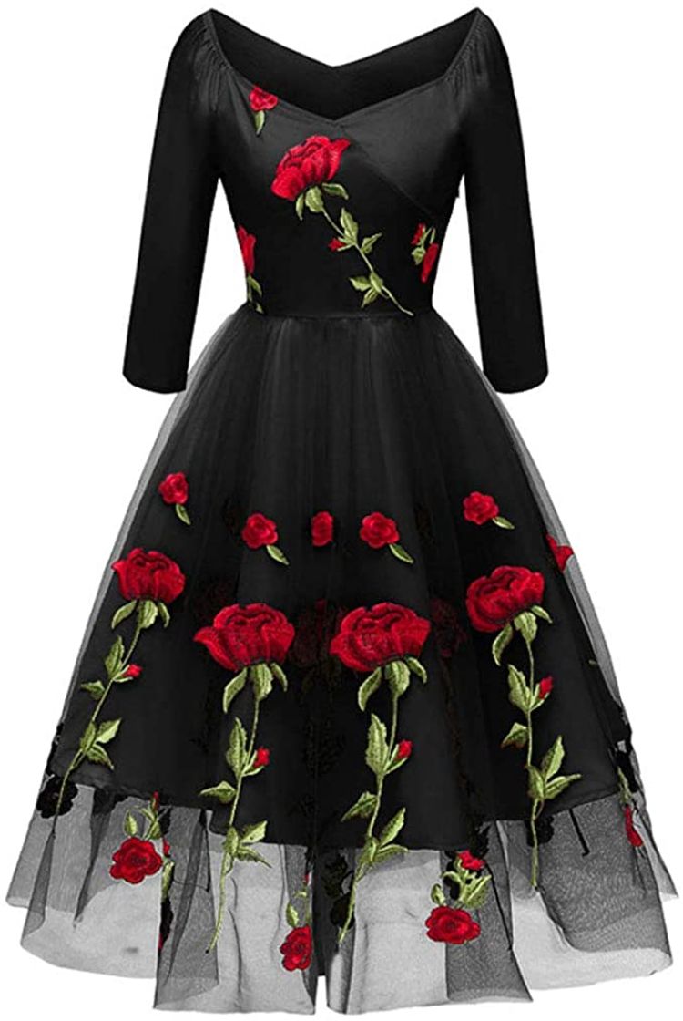 Social Dream Store Women's Vintage Style Rose Embroidered 1950s ...