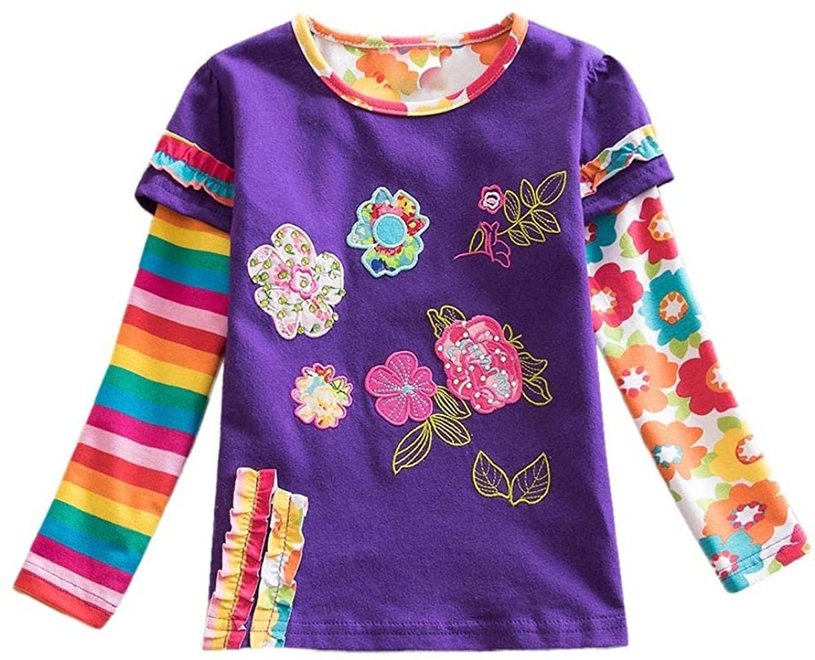 Moda Kolylong Kid Girl Butterfly Floral Stripe Rainbow Print Long Sleeve T ...