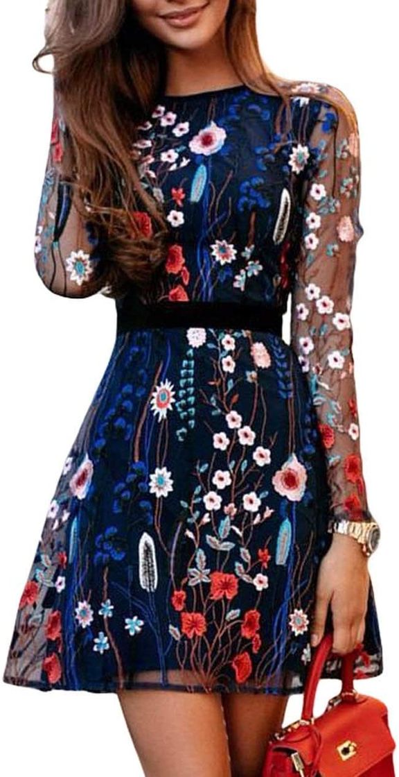 Social Vestido sexy para mujer con bordado floral, de malla transparente ...